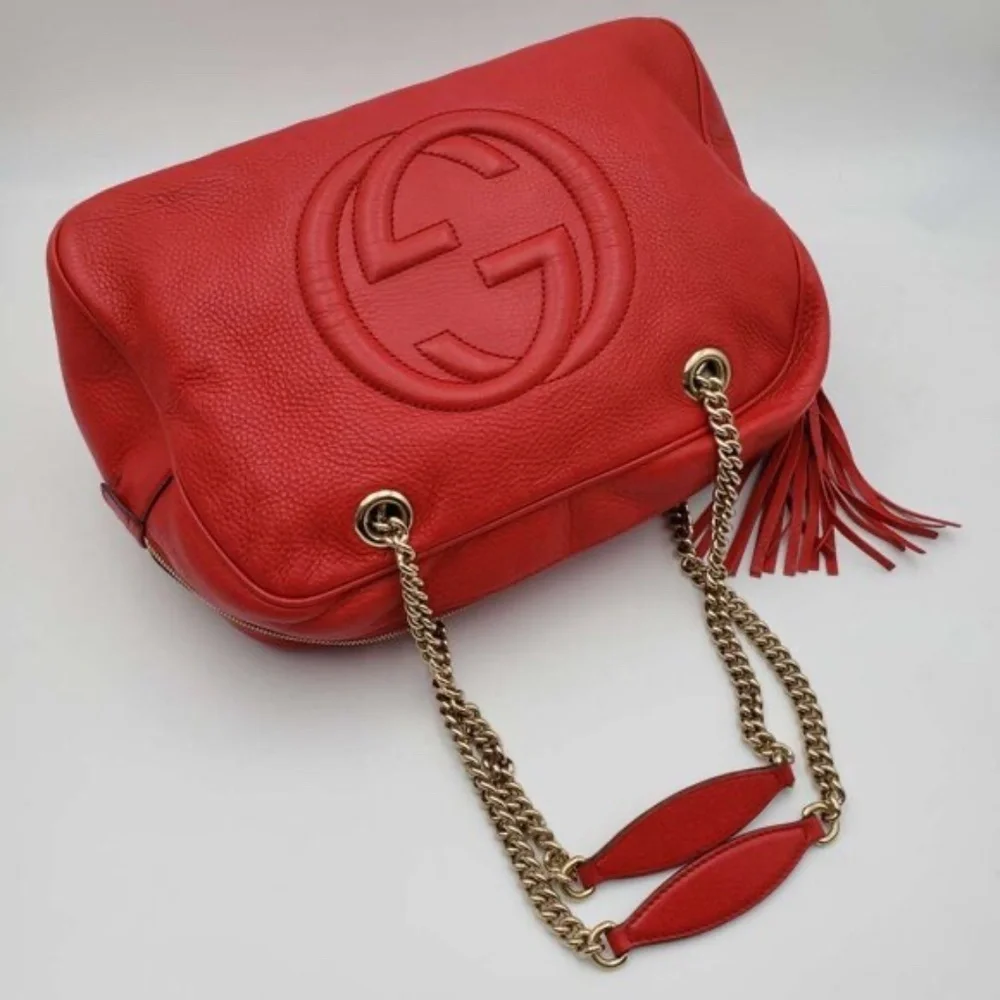Authentic Gucci Soho Chain Shoulder Bag Red Leather GG Logo Crossbody Bag - Picture 6 of 14